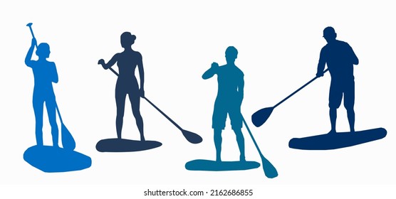 Stand up paddling stickers and badges. SUP boarding design elements. Set of vector emblems with SUP boards, boarder silhouettes and equipment. 