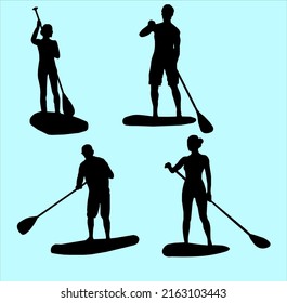 Stand up paddling stickers and badges. SUP boarding design elements. Set of vector emblems with SUP boards, boarder silhouettes and equipment.