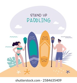 Stand Up paddling or surfing banner or poster template. Card or placard with happy man and woman standing with SUP boards. Surfing in the sea on paddle board, flat cartoon vector illustration