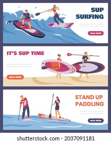 Stand up paddling water activity flyers set with cartoon characters of men and women rowing on wide paddleboard. Paddleboarding sport flat vector illustration.