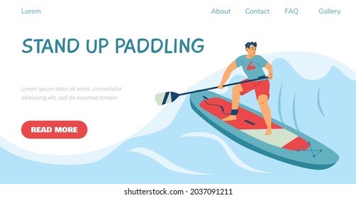 Stand up paddling website banner template with man standing on paddleboard with paddle, flat vector illustration. Web page interface design for summer water sport.