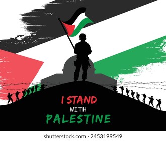I stand with Palestine. Israel vs Palestine war concept. vector file with army character, flag, background 
