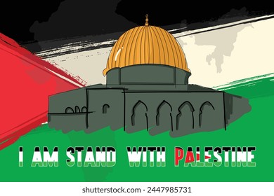 I am Stand With Palestine, World Map and Palestine Flag art in background