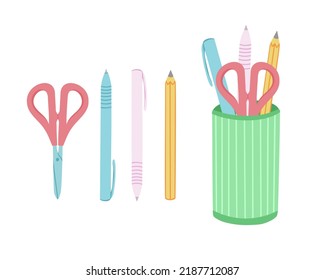 Stand for pens, pencil and stationery scissors. Vector Illustration for printing, backgrounds, covers, packaging, greeting cards, posters, stickers and seasonal design. Isolated on white background.