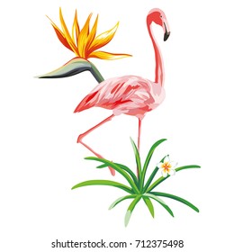 Stand pink flamingo with tropical plants and flowers beach wallpaper