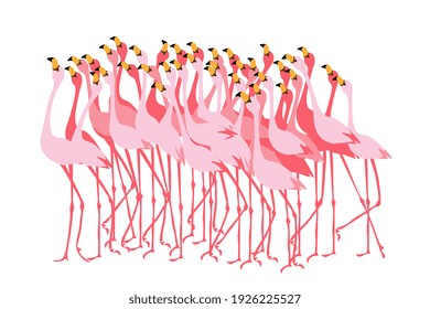 Stand of pink flamingos. Flock of birds. Simple flat style. Vector illustration.