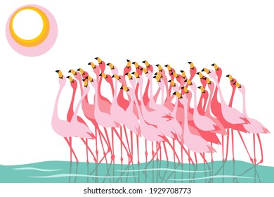 Stand of pink flamingos in water. Flock of birds. Simple flat style. Vector illustration.