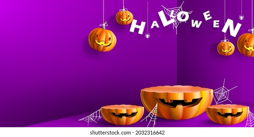 Stand and podium with halloween concept. Simple stage for product with halloween pumpkins in purple background