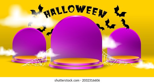 Stand and podium with halloween tombstone concept. Simple stage for product with halloween spider web