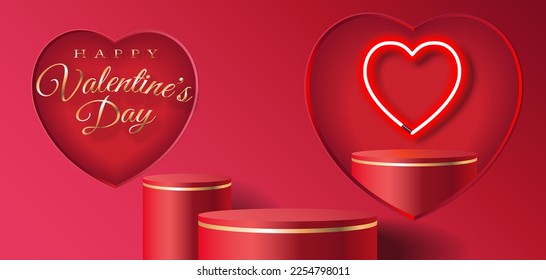 stand podium in heart shape window and heart shape neon light inside. Valentine's day minimal scene for product display presentation.