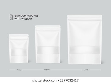 Stand up pouch bag mockups with transparent window mockup. Vector illustration. Front view. Can be use for template your design, presentation, promo, ad. EPS10.	