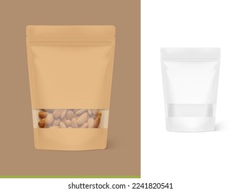 Stand up pouch bag with transparent window mockup. Vector illustration. Your product is visible through the window. Perfect for the presentation of your product. EPS10.	