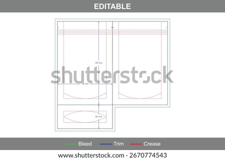 Stand up pouch packaging dieline template with editable vector die line, printable pouch layout, folding packaging template, and professional flexible packaging design