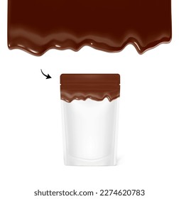 Stand up pouches with falling drops mockup. Vector illustration isolated on white background. Front view. Great way to design your products. EPS10.