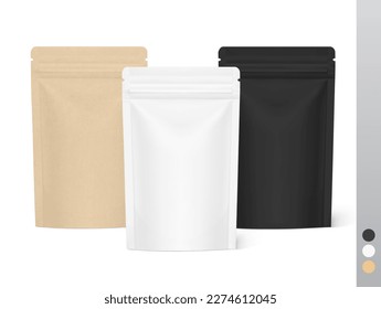 Stand up pouches mockups with ziplock mockup isolated on white background. Vector illustration. Front view. Great way to presentation your products. EPS10