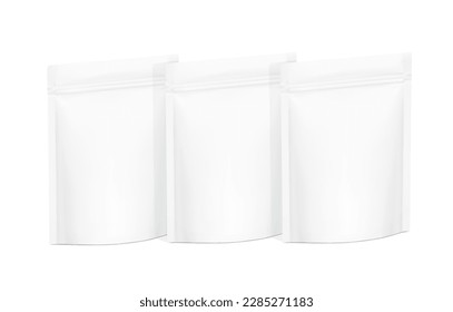 Stand up pouches mockups with ziplock mockup isolated on white background. Vector illustration. Half side view. Great way to presentation your products. EPS10