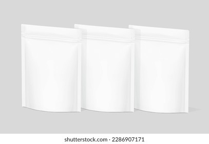 Stand up pouches mockups with ziplock mockup isolated on white background. Vector illustration. Half side view. Great way to presentation your products. EPS10