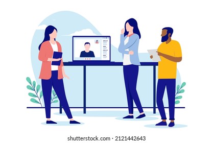 Stand up and remote meeting - Work team having a conversation standing up with online precipitants. Modern workplace concept. Vector illustration with white background