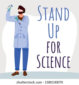 Stand up for science social media post mockup. Man with chemicals flask. Advertising web banner design template. Social media booster, content layout. Promotion poster, print with flat illustrations