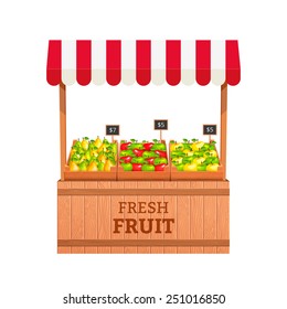 Stand for selling fruit. Apples and Pears in wooden boxes. Fruit stand. Vector illustration