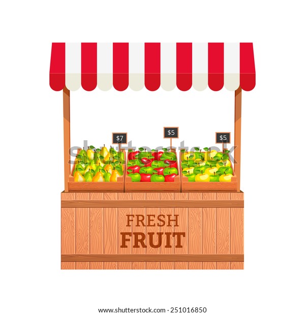 Stand for selling fruit. Apples and\
Pears in wooden boxes. Fruit stand. Vector\
illustration