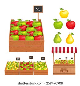 Stand for selling fruit. Crate of apples, pears. Vector illustration