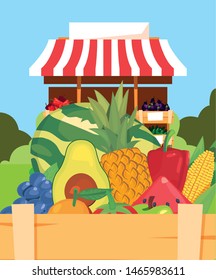stand selling vegetable and fruits in wooden basket