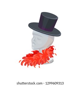 Stehen Sie in Form von menschlichem Kopf für Hüte. Mannequin-Kopf mit zylindrischem Hut und Federboa. Flaches Vektordesign