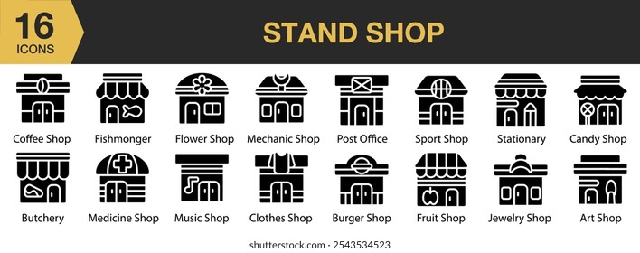 Conjunto de iconos de Stand Shop. Incluye tienda, café, medicina, mecánico, deporte, fruta, hamburguesa y más. Colección de Vector de iconos sólidos.