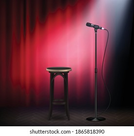 Stand up show comedy stage attributes realistic image with microphone bar stool red curtain retro vector illustration 