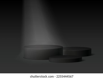 Stand show cosmetic product. Black realistic 3d cylinder pedestal podium on black backdrop. Abstract vector geometric platform for product display presentation.