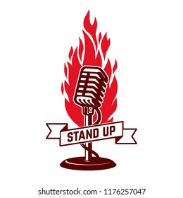 Stand up show emblem template. Design element for poster, flyer, emblem, sign. Vector illustration. 