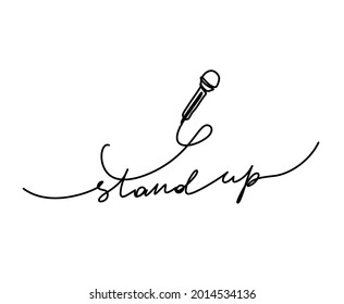 Stand up show lettering with microphone. Continuous one line drawing. Single line draw design vector graphic illustration.