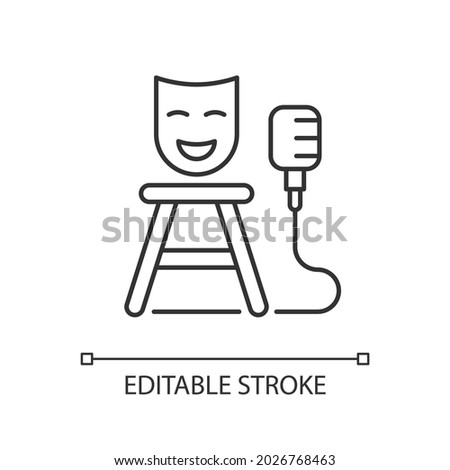 Stand up show linear icon. Comedic performance. Concert with jokes. Stage show for open mic. Thin line customizable illustration. Contour symbol. Vector isolated outline drawing. Editable stroke