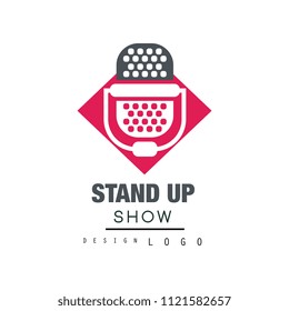 Stand up show logo design, comedy club sign with retro microphone vector Illustration on a white background.