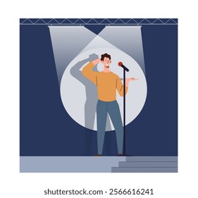 Stand up show. Man with microphone stands on stage in spotlight. Comedian tells jokes. Performance and comic show. Fun and entertainment. Comedian concert. Flat vector illustration