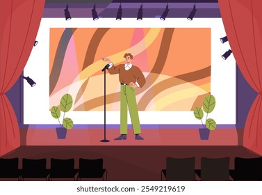 Stand up show. Man on stage with microphone tells jokes. Entertainment, fun and leisure. Comedian performs from stage. Cultural rest and recreation. Flat vector illustration