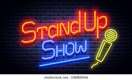 Stand up show neon glowing signboard on brick wall. Vector illustration.