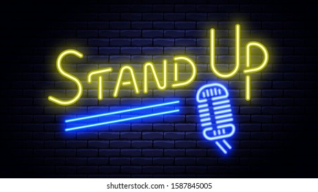 Stand up show neon glowing signboard on brick wall. Vector illustration.