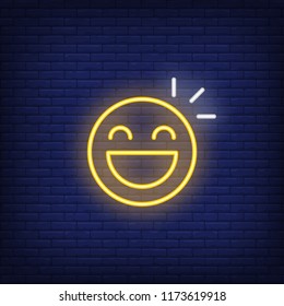 Stand up show neon icon. Laughing smiley on brick wall background. Show concept. Vector illustration can be used for neon signs, advertising, billboards