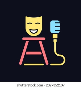 Stand up show RGB color icon for dark theme. Comedic performance. Concert with jokes. Media genre. Isolated vector illustration on night mode background. Simple filled line drawing on black