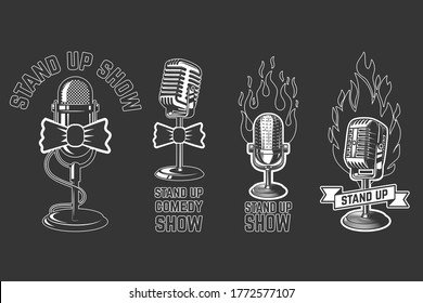 Stand up show. Set of emblems with retro microphones . Design element for logo, label, sign, poster, t shirt. Vector illustration