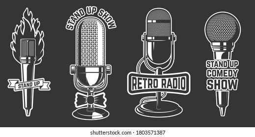 Stand up show. Set of emblems with retro microphones . Design element for logo, label, sign, poster, t shirt. Vector illustration
