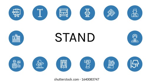 stand simple icons set. Contains such icons as Easel, Iv pole, Potting bench, Pottery, Drawing board, Photographer, Clay, Inversion therapy, can be used for web, mobile and logo
