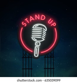 Stand Up sing. City sign neon. Logo, emblem, neon sign, bright signboard, light banner. 