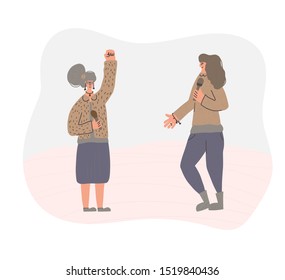 Stand up speakers characters.  Young various women standing with microphone. Orator speaking. Girls with mike giving a presentation. Vector  illustartion.
