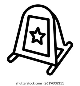 Stand with star poster line icon, exhibition concept. Vector graphics. Paper banner on tripod, advertising sign on white background, style mobile or design