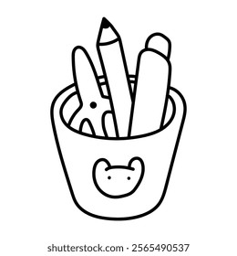 Stand for stationery, scissors, pencil, pen. Black and white illustration, hand drawn coloring.