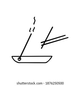 Stand with steaming incense stick. Icon black and white vector illustration doodle isolated. Aromatherapy, spa or meditation concept