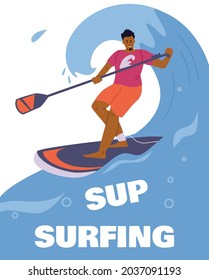 Stand Up or SUP surfing banner or card template with sportsman surfing in the sea on paddleboard, flat cartoon vector illustration. Summer sport and beach recreation.